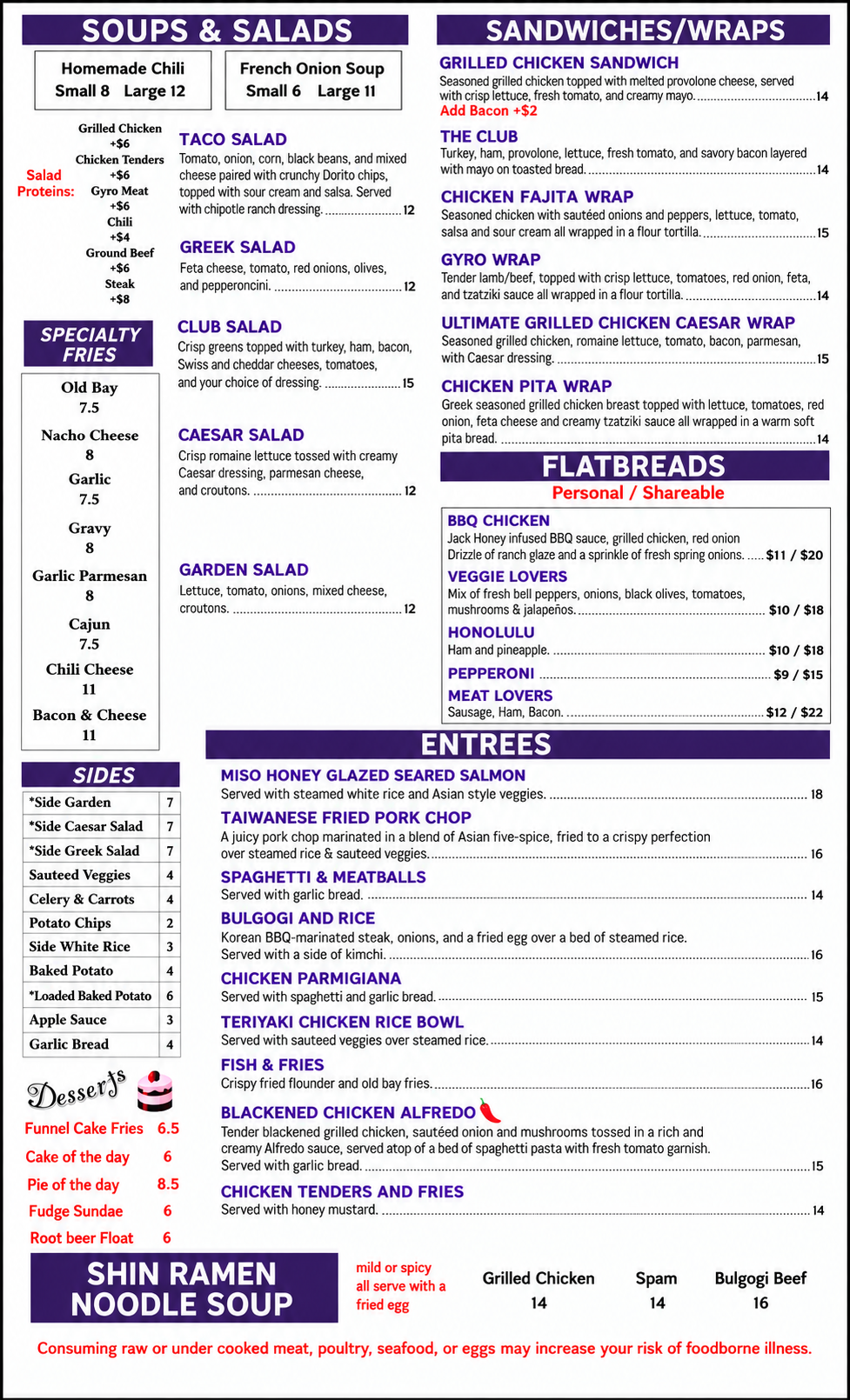 First Street Tavern full menu page two: soups, salads, fries, sides, desserts, sandwiches, wraps, flatbreads, entrees and ramen